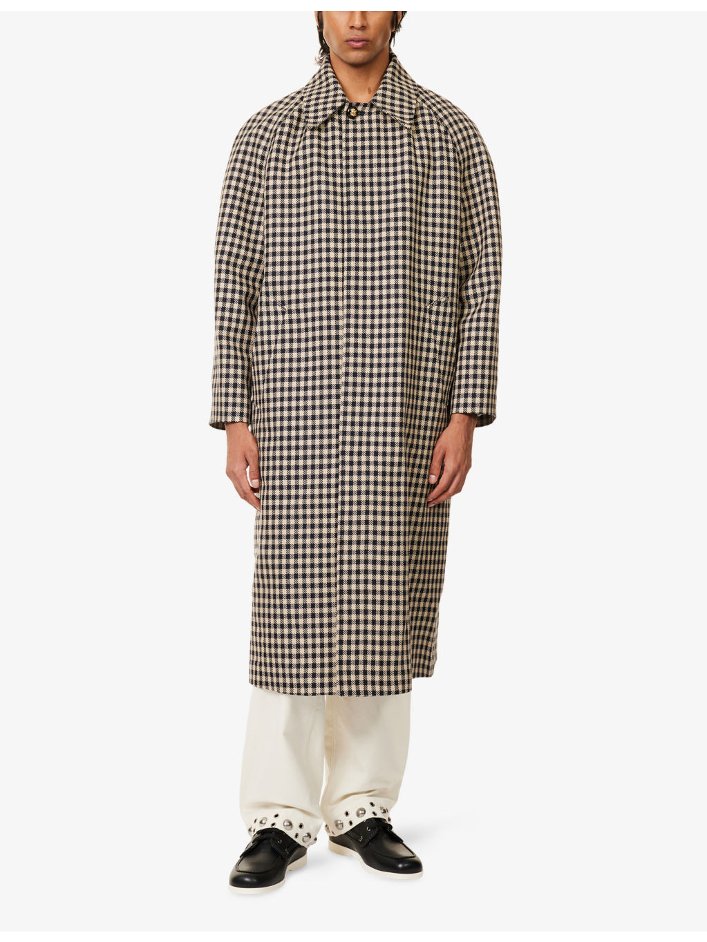Check-Pattern Longline Cotton and Wool Coat - 3