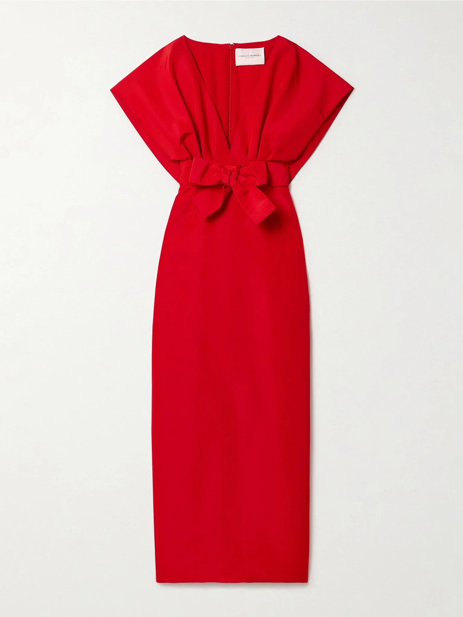 Belted bow-embellished pleated silk-faille gown Red - 1