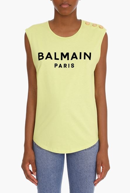 Lime green cotton T-shirt with flocked black Balmain logo - 5