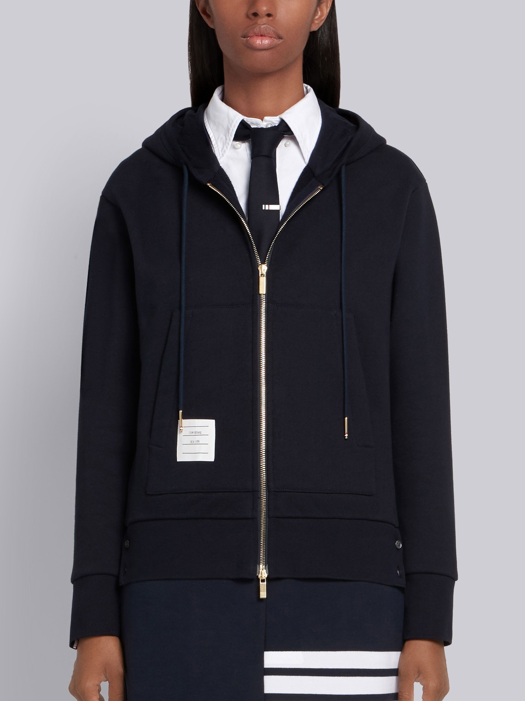 Navy Classic Loopback Cotton Center Back Stripe Zip-up Hoodie - 1