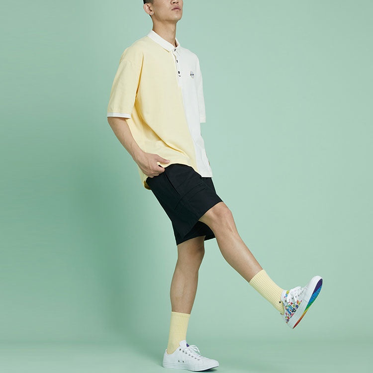Men's Converse Splicing Colorblock Lapel Short Sleeve Cream Yellow Polo Shirt 10022780-A01 - 5