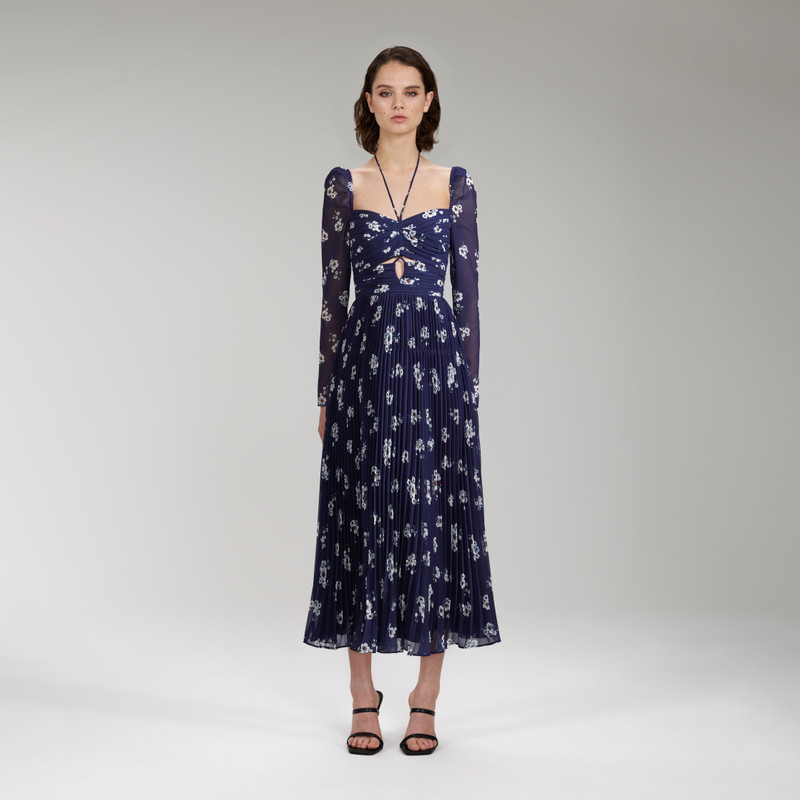 Pansy Print Chiffon Cut Out Midi Dress - 1