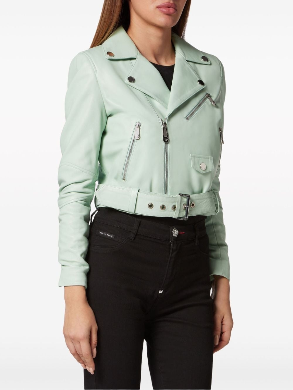 leather cropped biker jacket - 2