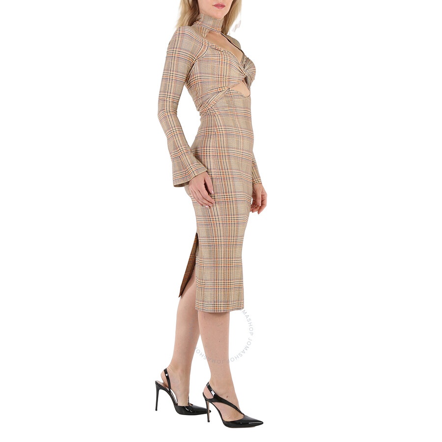 Burberry Ladies Dark Honey Cut-Out Checked Midi Dress - 5