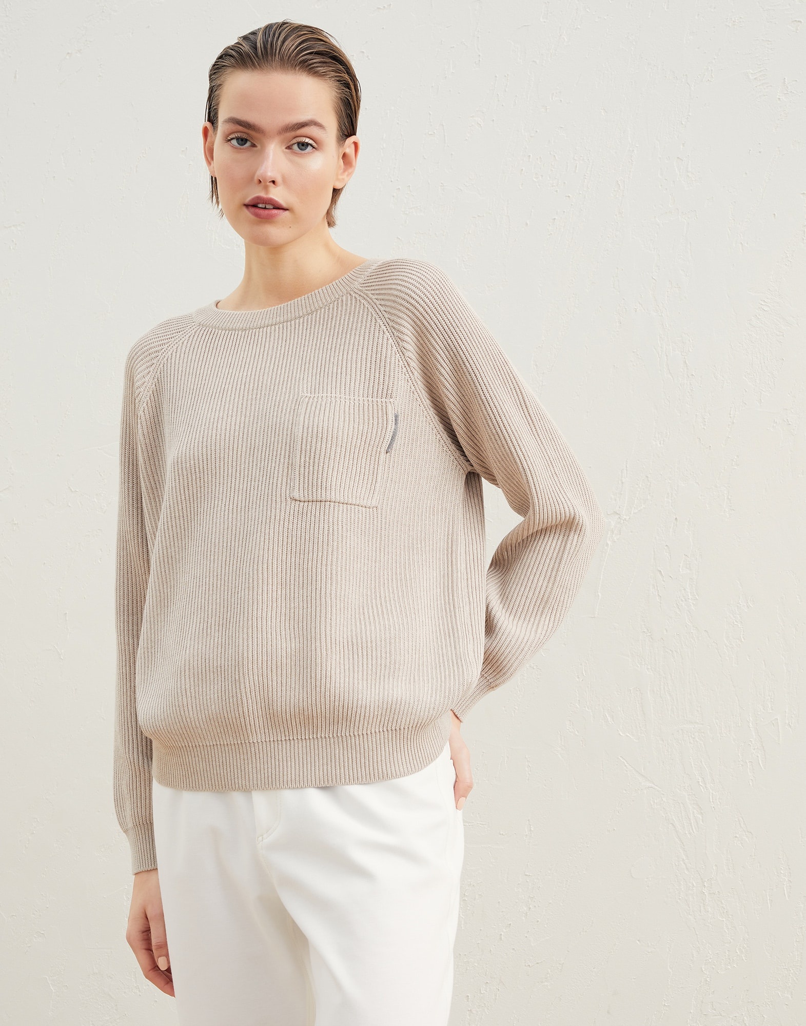 Cotton English rib sweater with shiny tab - 1