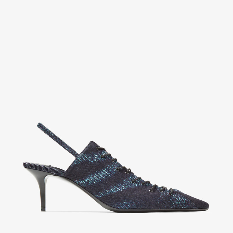 Jimmy Choo / Jean Paul Gaultier Sling Back 60 Denim Print Fabric Sling Back Pumps with Laces - 1