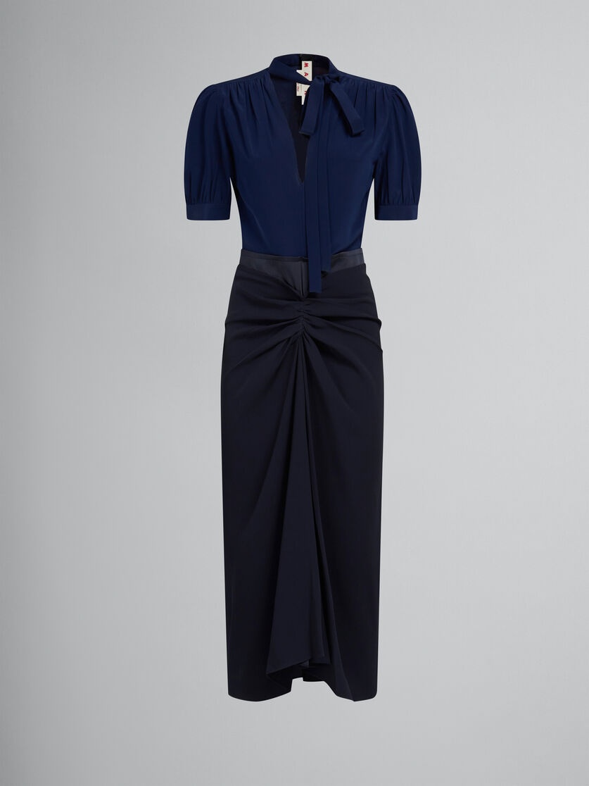 BLUE CRÊPE DE CHINE DRESS WITH DRAPING - 1