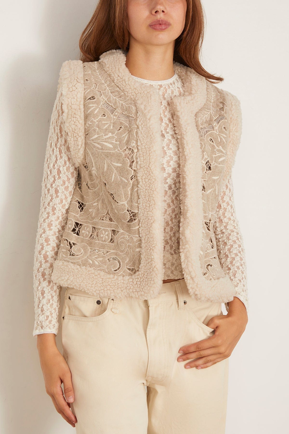 Ceci Embroidery Felt Vest in Oatmeal - 3