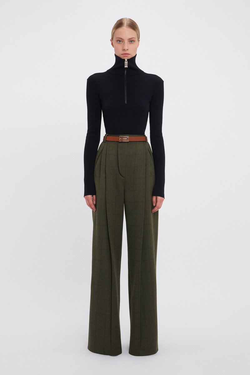 Victoria Beckham Wide Leg Trouser In Dark Fern Check outlook