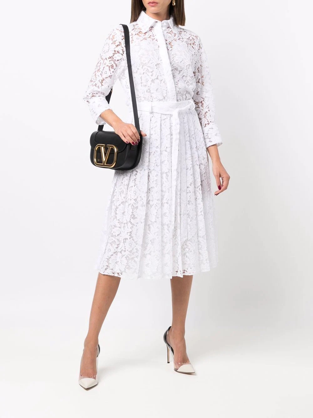 floral-lace pleated shirt-dress - 2