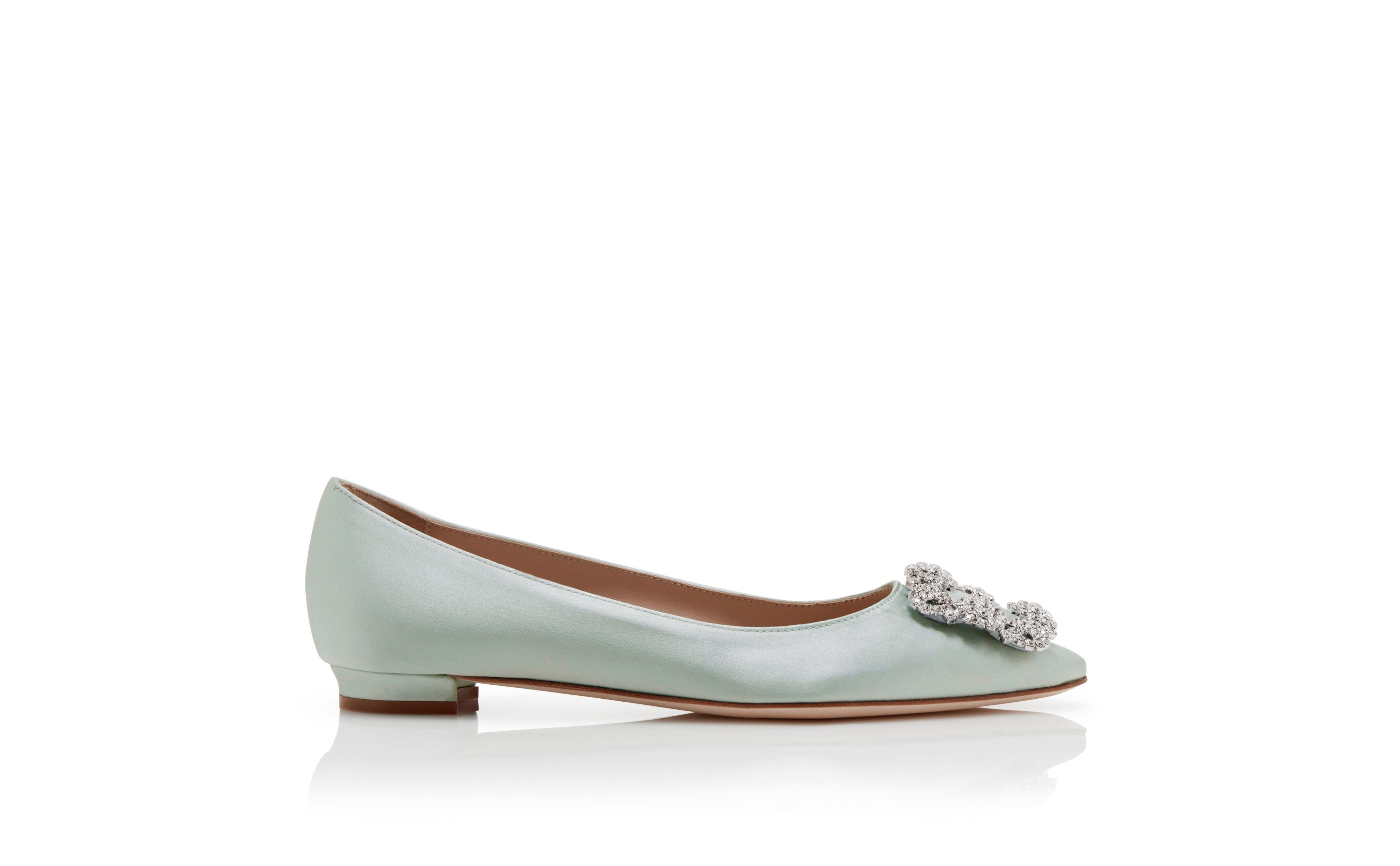 Pale Green Satin Jewel Buckle Flat Shoes - 1