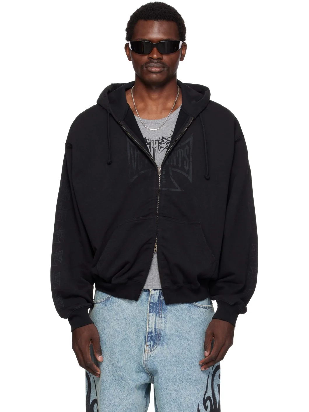 Black Big Biker Cross Zip-Up Hoodie - 1