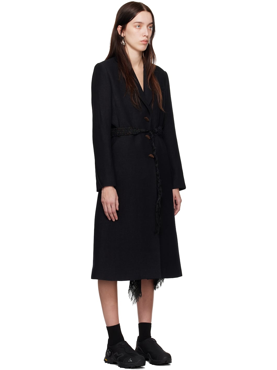 Black Ceramic Button Long Coat - 2