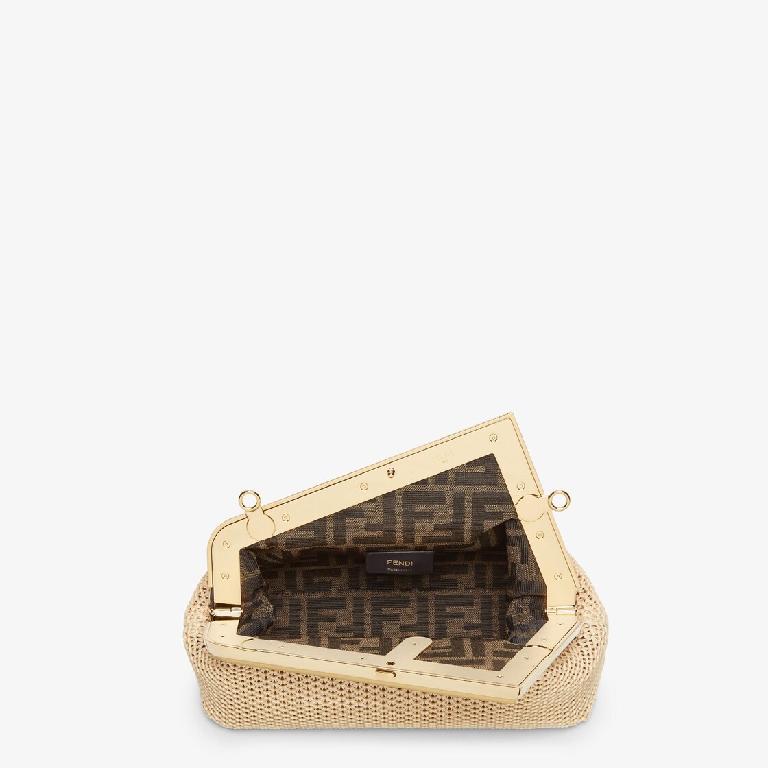 Small Fendi First bag made of hand-woven natural raffia macrame. Metal oversized F clasp bound in be - 4