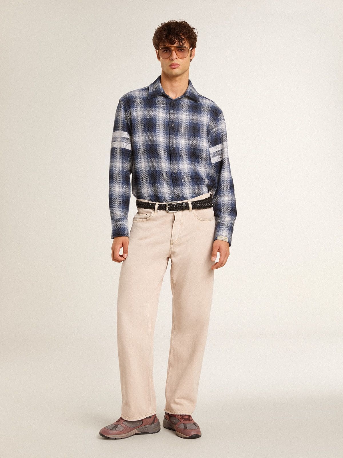 Men's blue 3D checkered shirt with print on the back - 3