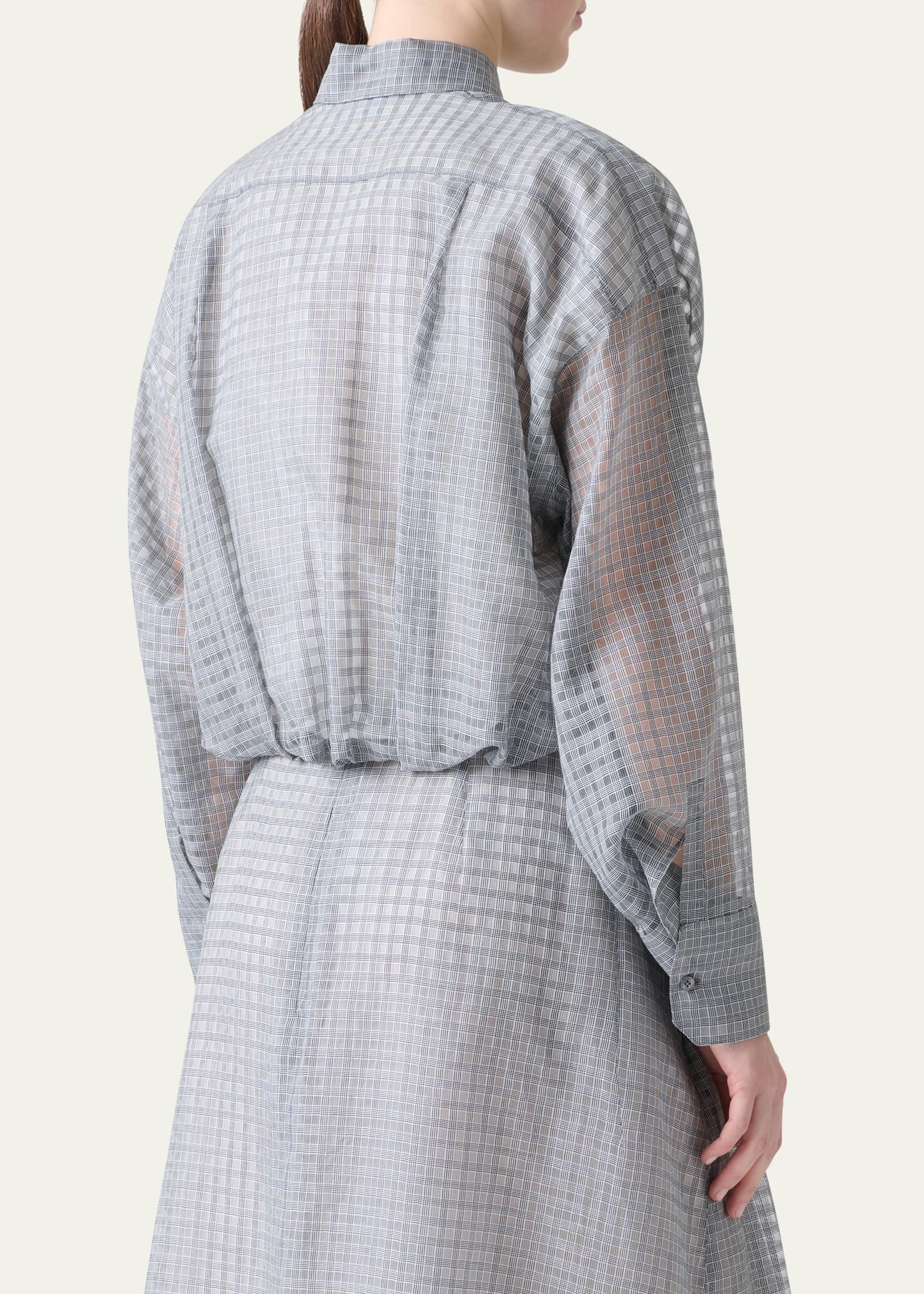 Plaid Cotton Voile Blouse with Pleated Waist - 3