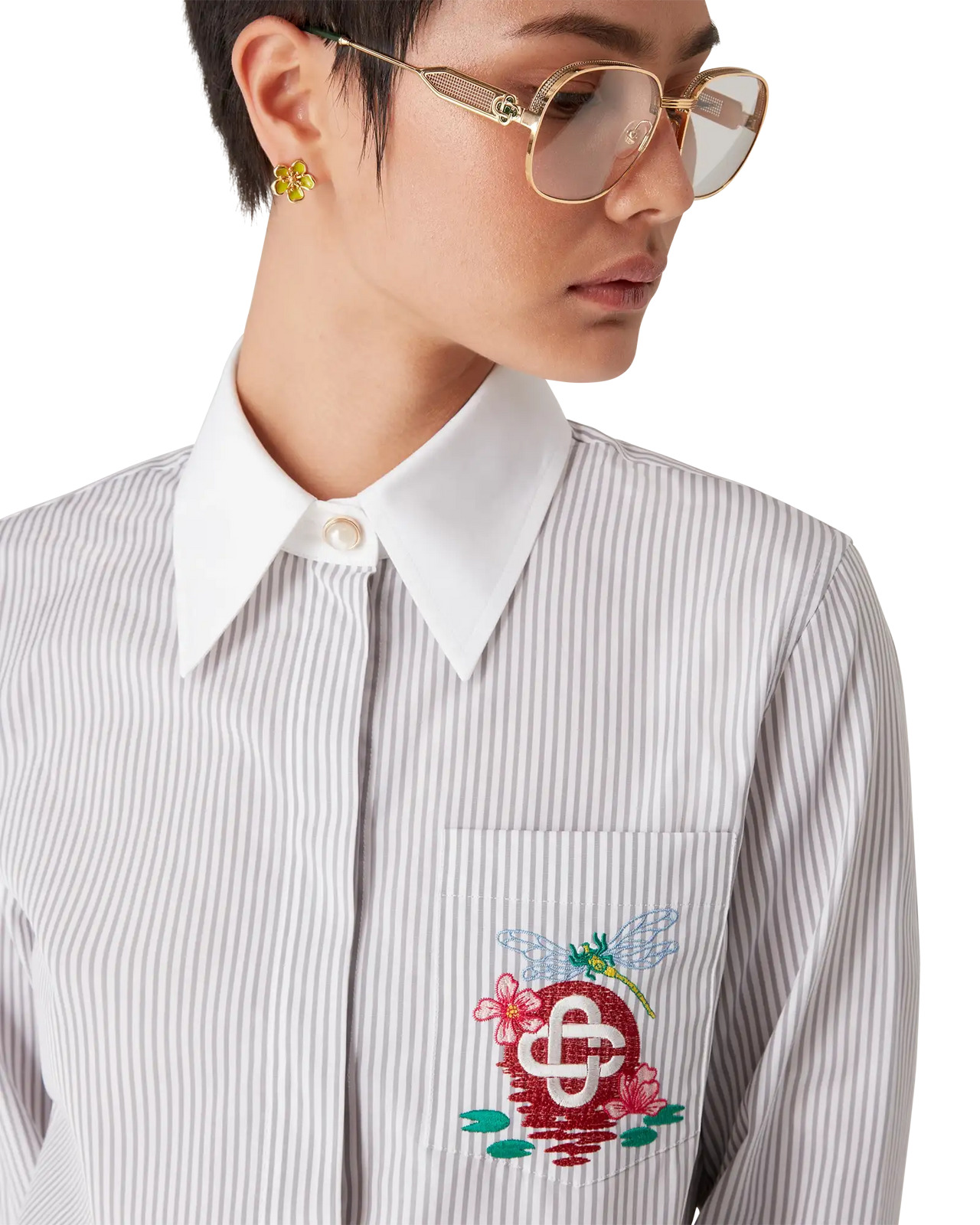 Cotton Pinstripe Embroidered Cropped Shirt | Casablanca Paris - 5