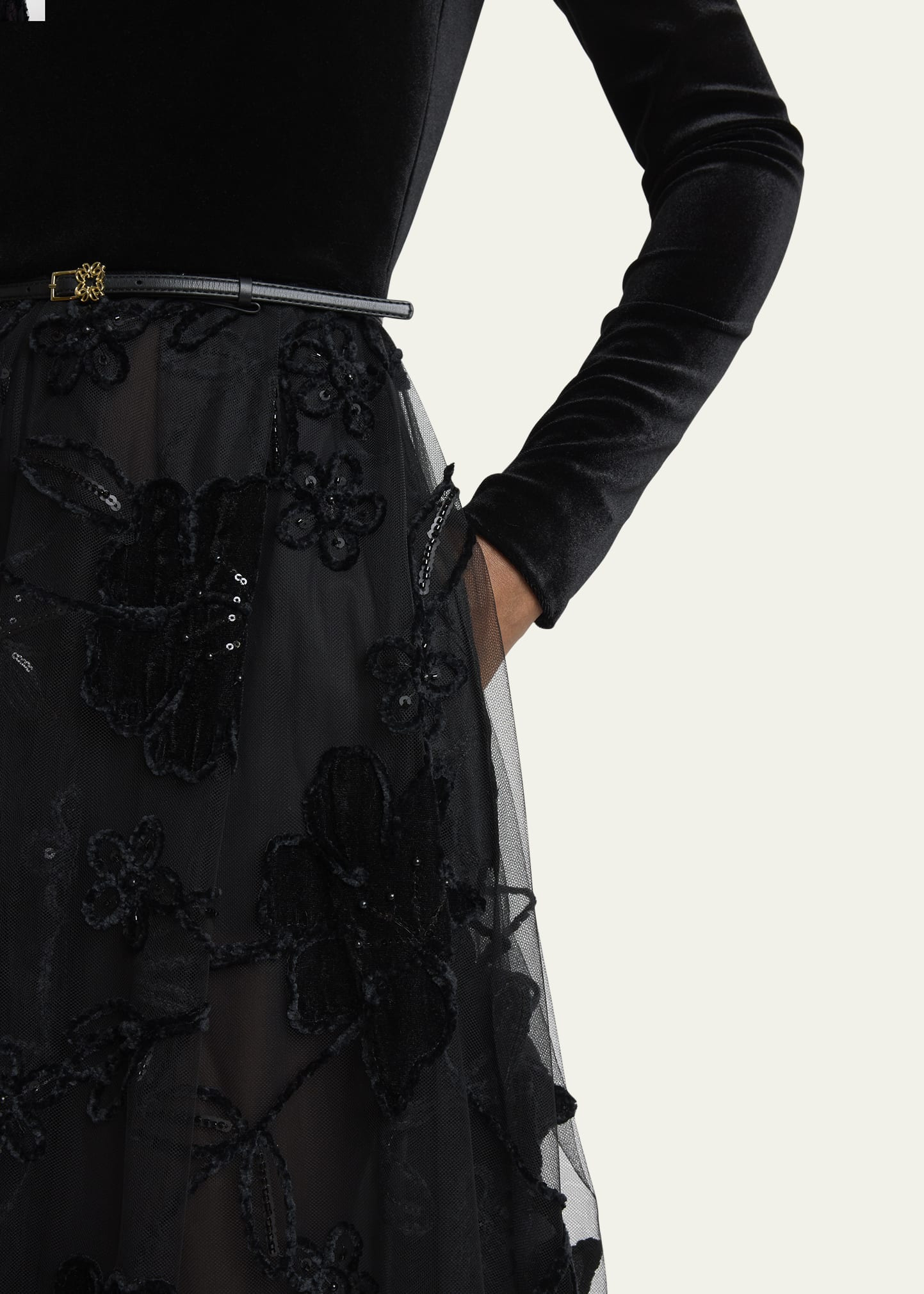 Off-The-Shoulder Velvet Sequined Tulle Gown - 5