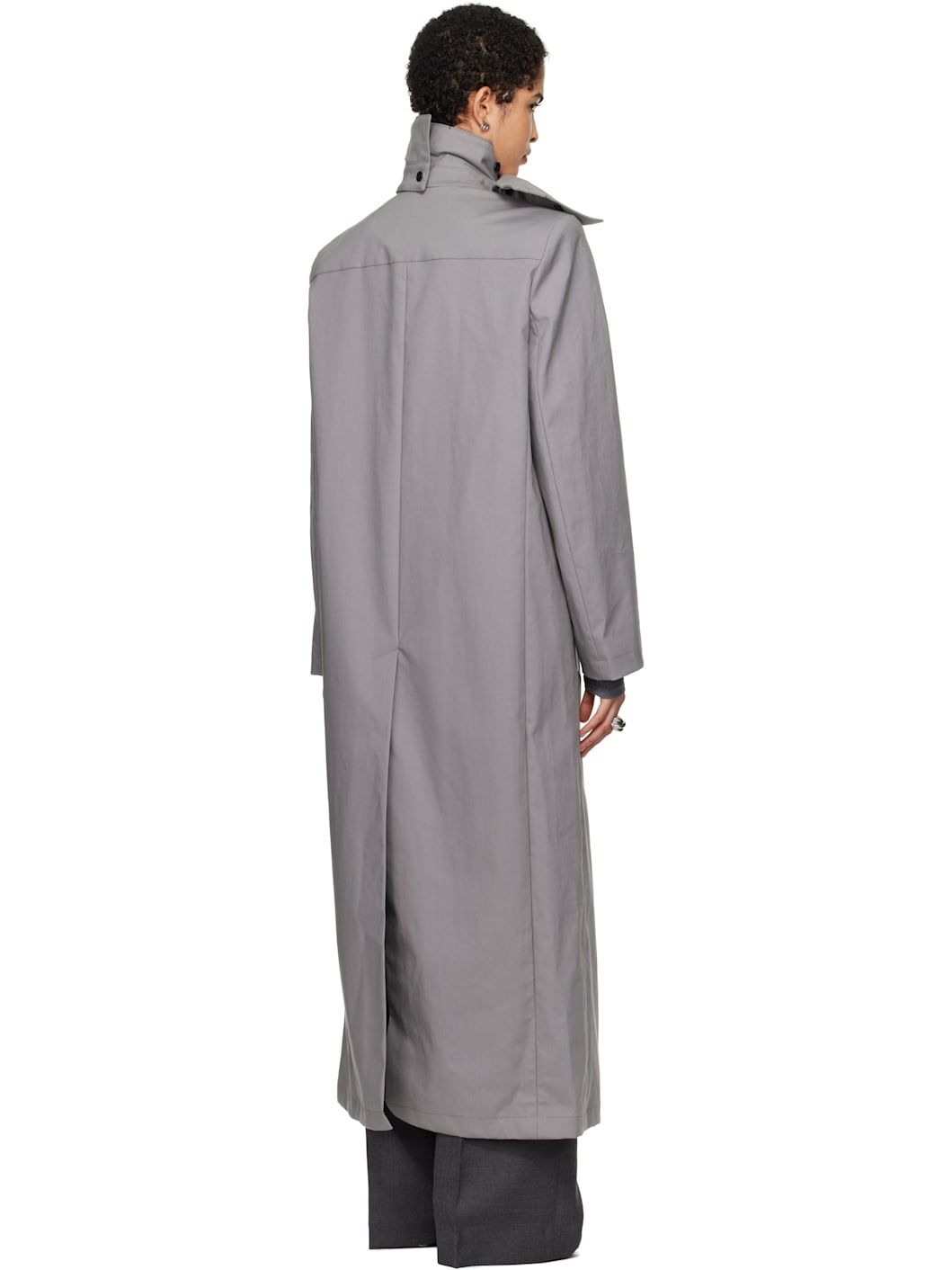 Gray Scarf Collar Trench Coat - 3