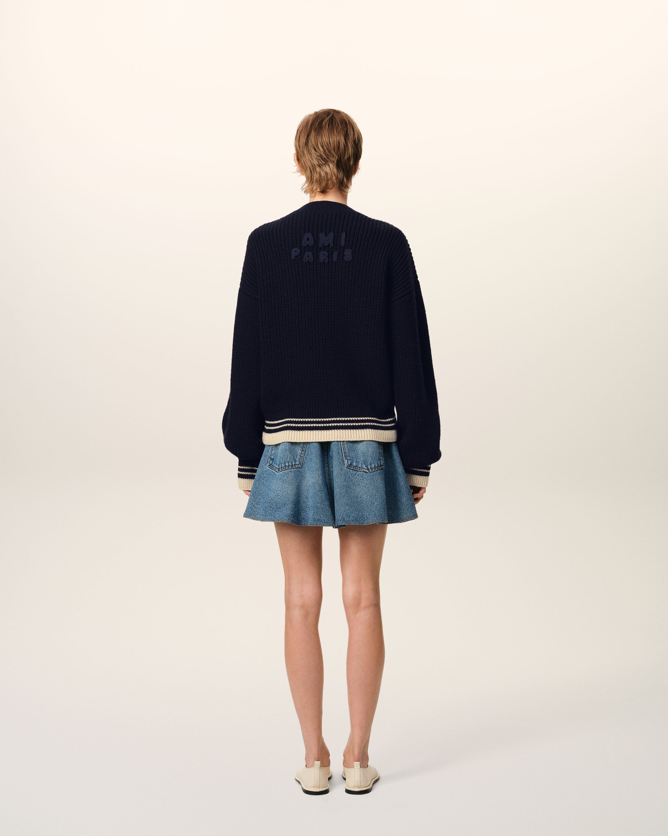 NAVY WOOL RIBBED V NECK SWEATER - 5