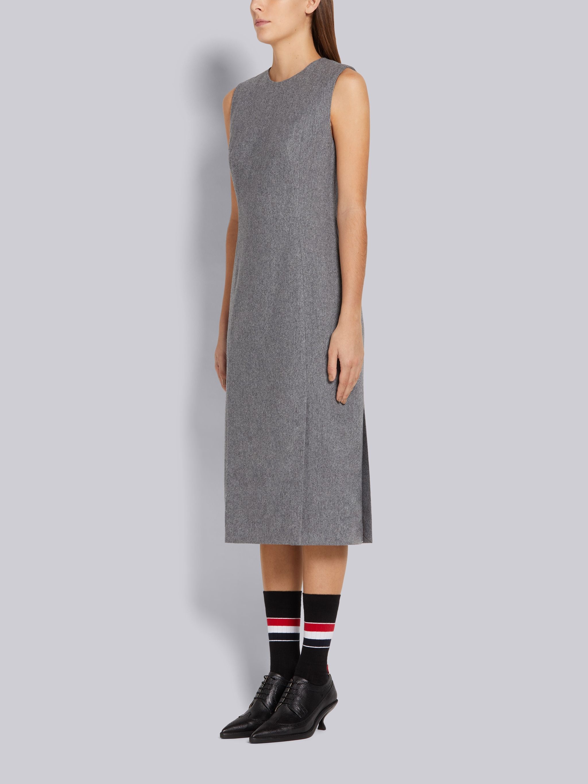 Medium Grey Lightweight Boiled Wool Engineered Stripe Sleeveless 4-vent Pencil Dress - 3