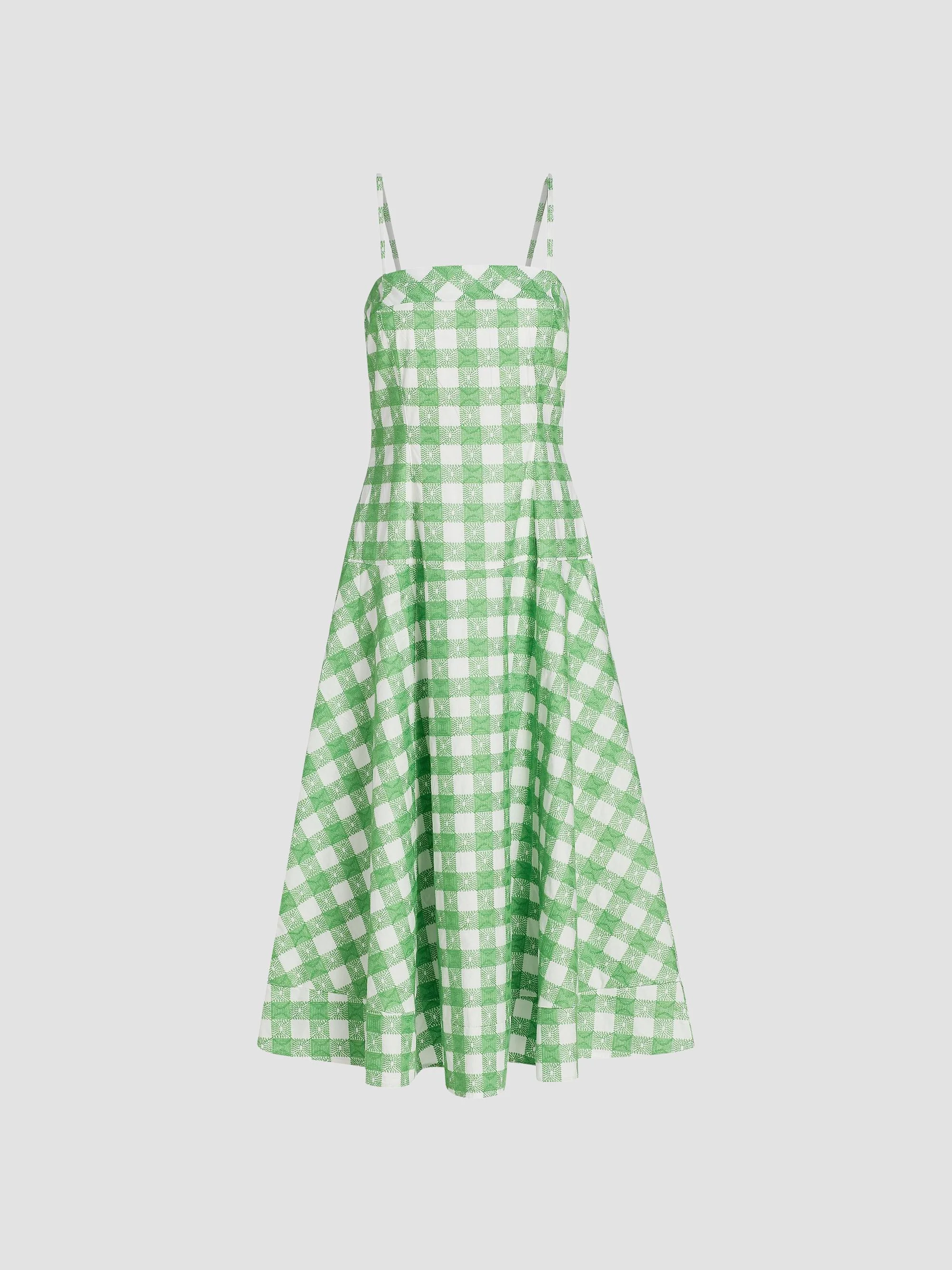 Women's Drop Me A Note Plaid Cotton Midi-Dress - Grass Green - 1