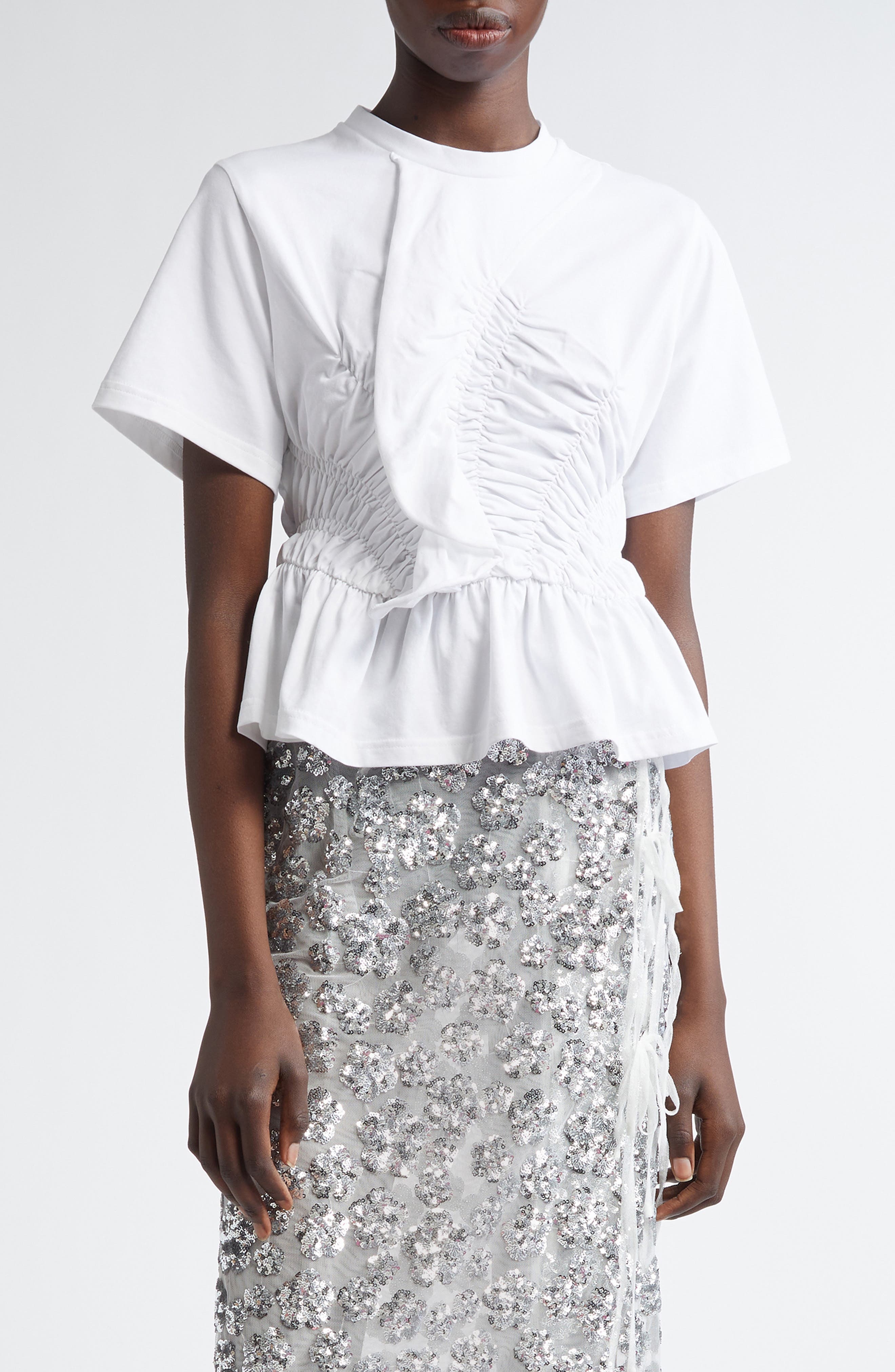Cecilie Bahnsen Ace Smocked Jersey Peplum Top in White at Nordstrom - 1