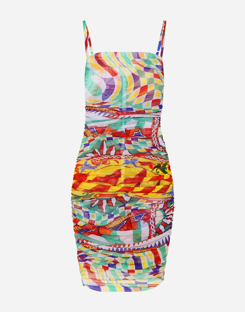 Short draped tulle dress with Carretto print 1