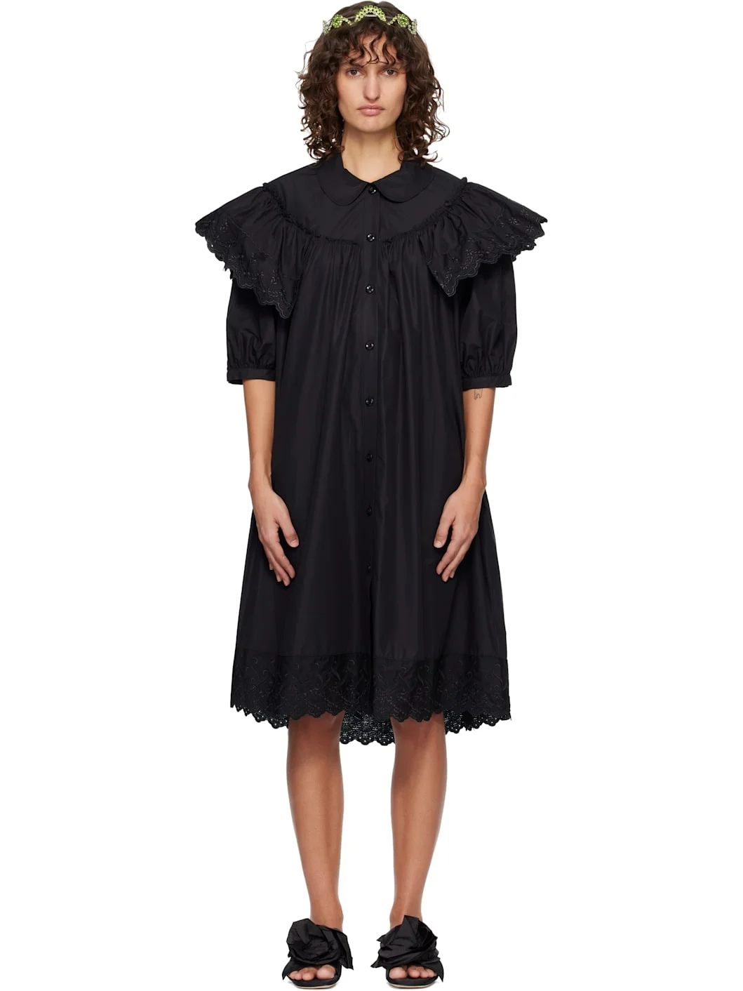 Black Puff Sleeve Ruffle Frill Trim Shirt Midi Dress - 1