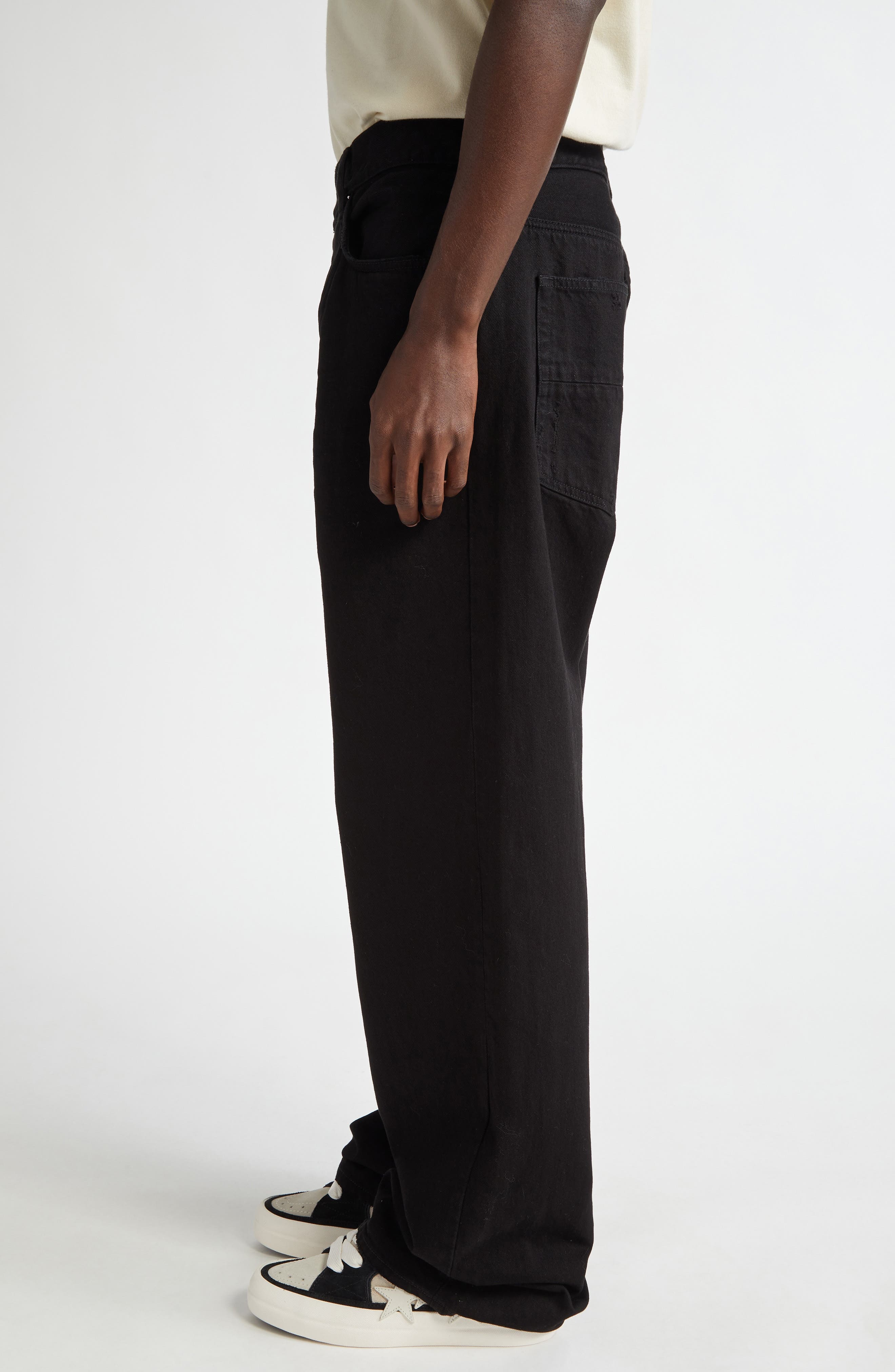 AMIRI Staggered Logo Nonstretch Denim Straight Leg Jeans in Black Od at Nordstrom - 4