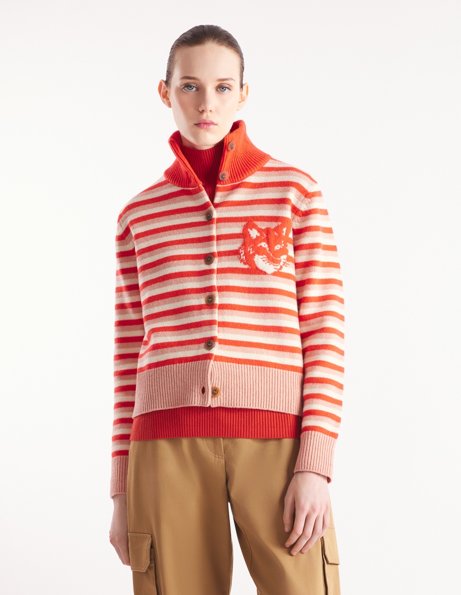 FOX HEAD INTARSIA STRIPED HIGH NECK CARDIGAN - 3