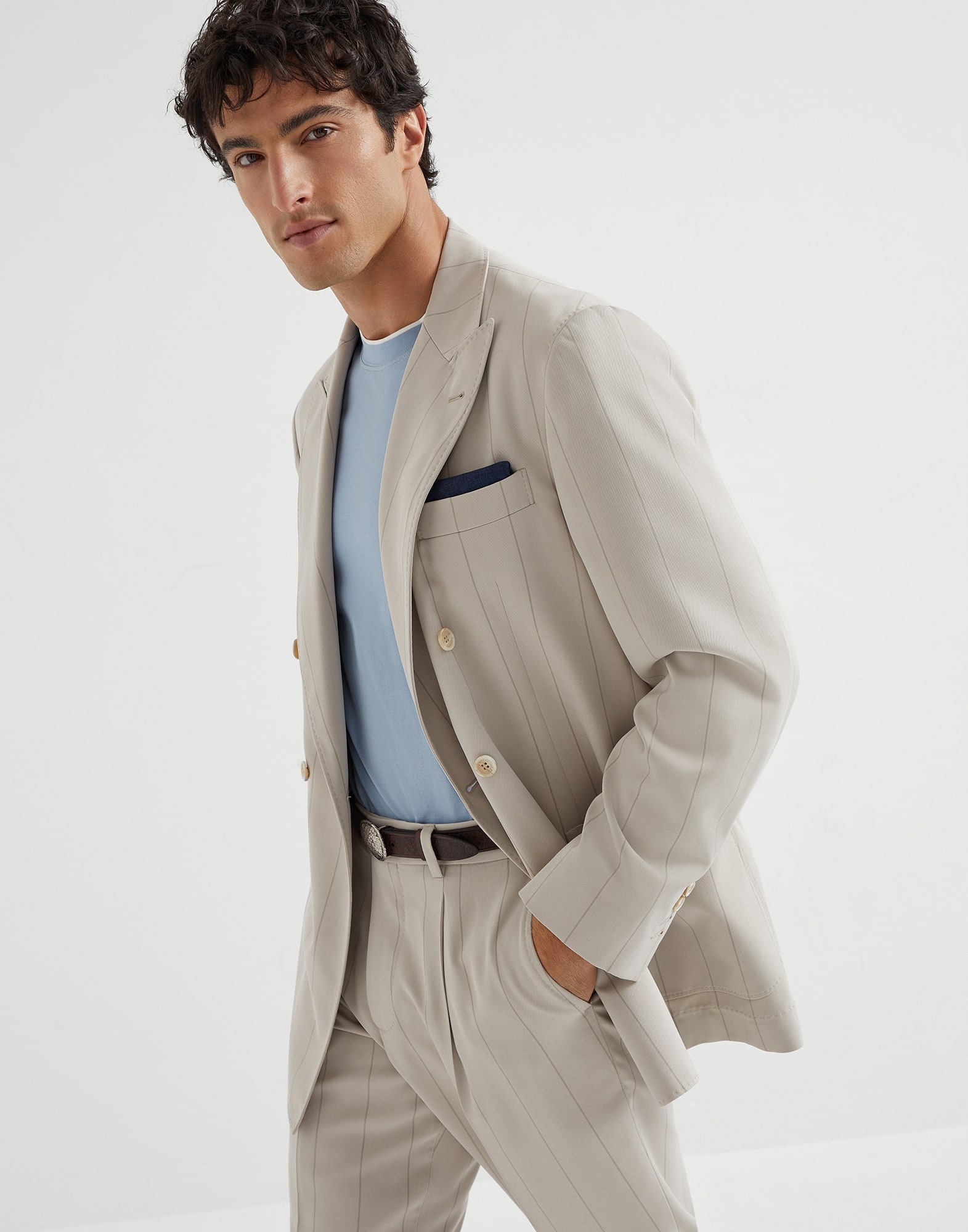 Silk wide chalk stripe twill one-and-a-half breasted deconstructed blazer with patch pockets - 4