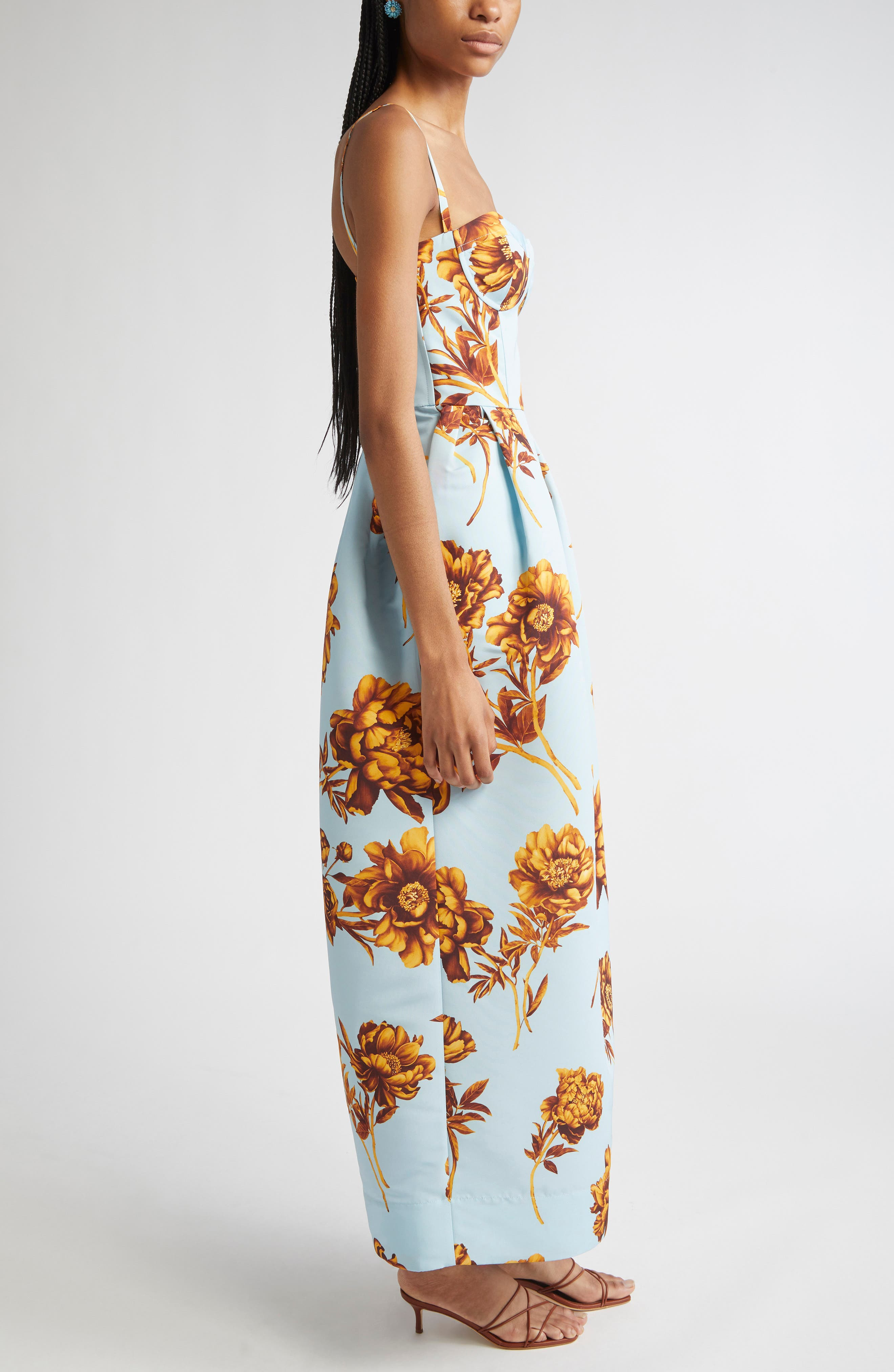 Oscar de la Renta Tonal Peony Print Faille Bustier Gown in Brown/Ice Blue at Nordstrom - 3