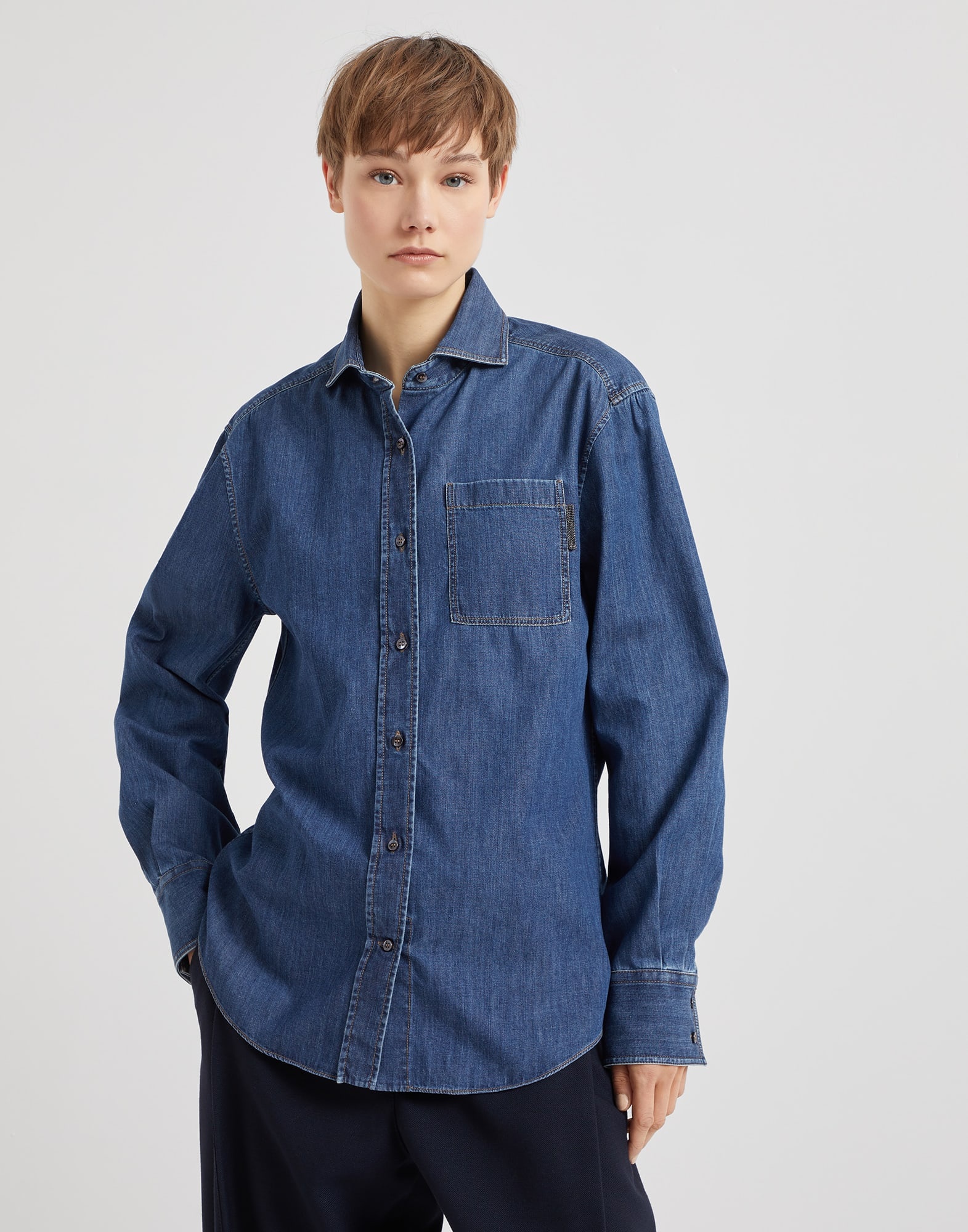 Lightweight denim shirt with shiny tab - 1