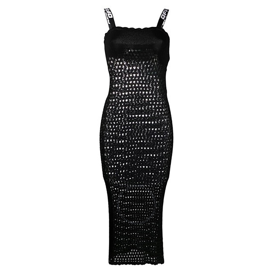 Off-White Open Knit Sleeveless Dress in Black - 4