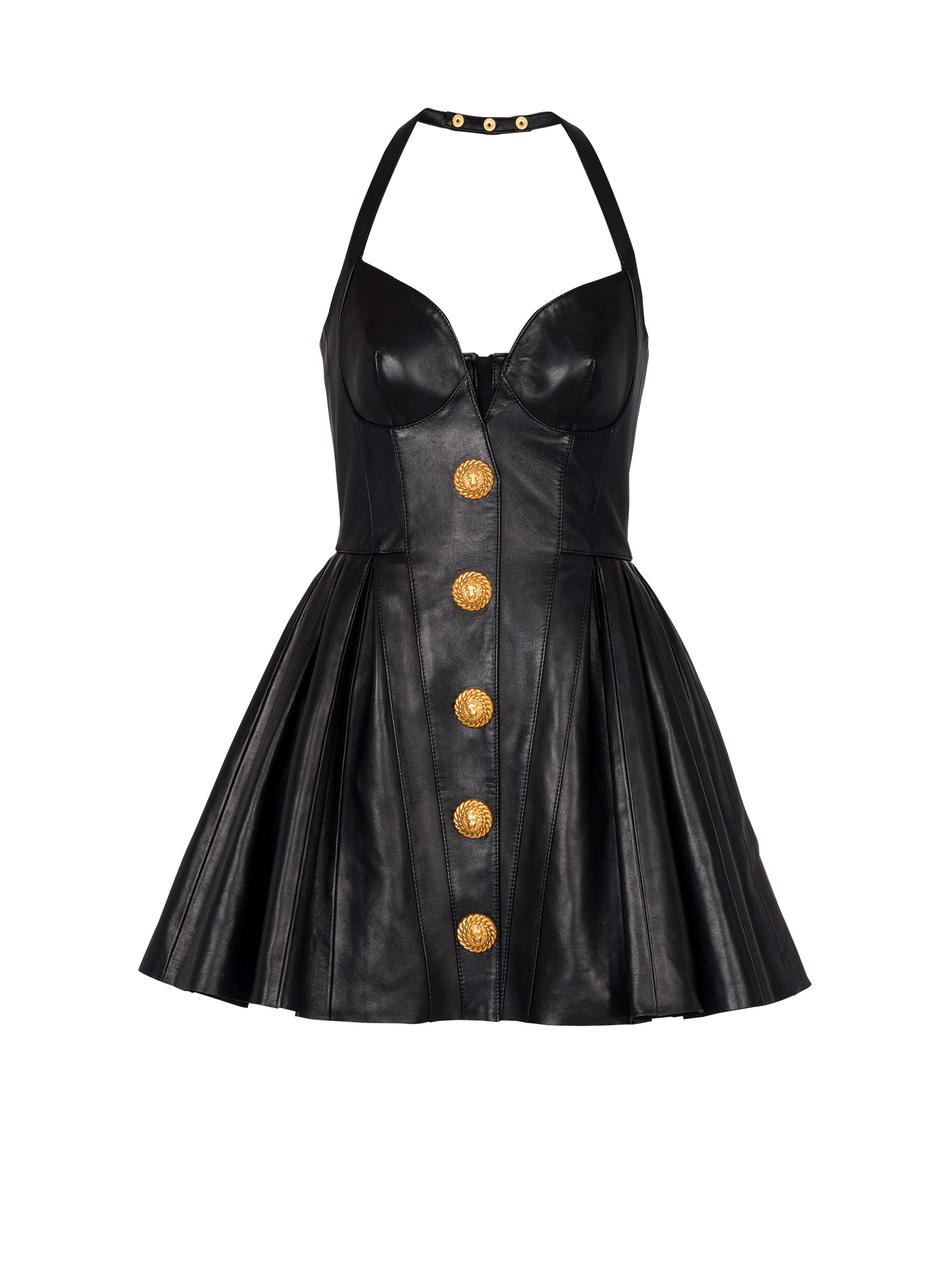 Flared pleated halterneck dress in leather - 1