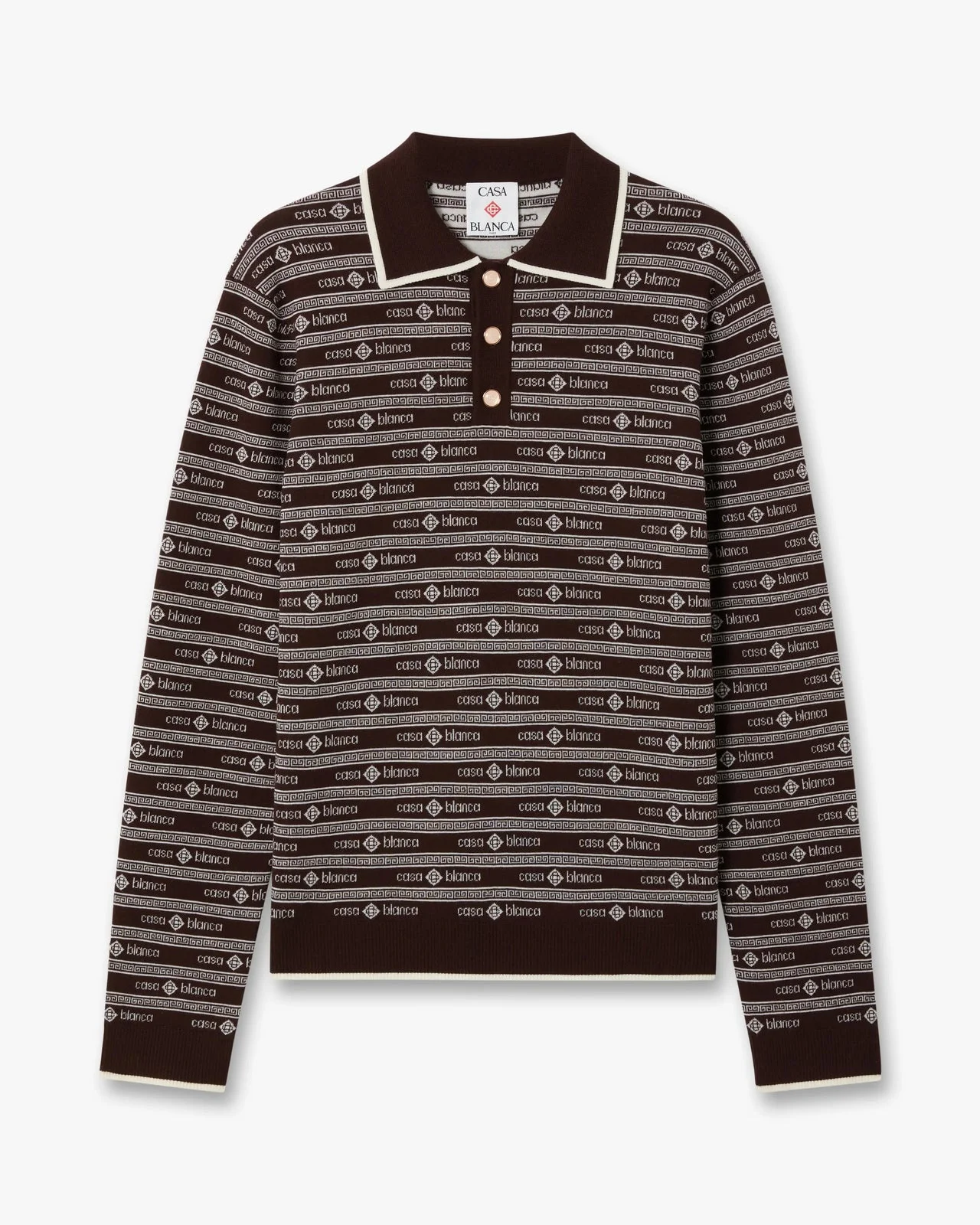 Dark Brown Knit Logo Long Sleeve Polo Shirt - 1