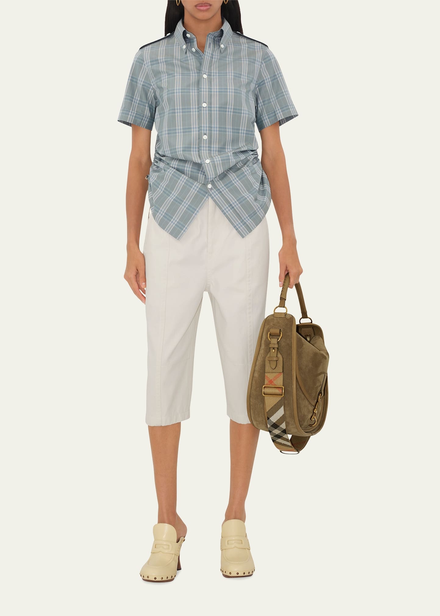 Check Drawstring Button Down Cotton Shirt - 2