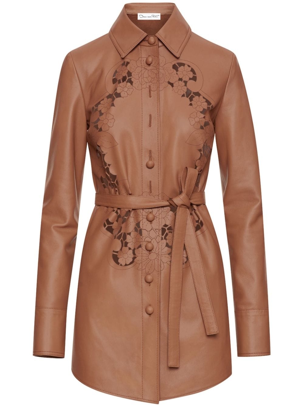 laser-cut floral leather shirt dress - 1