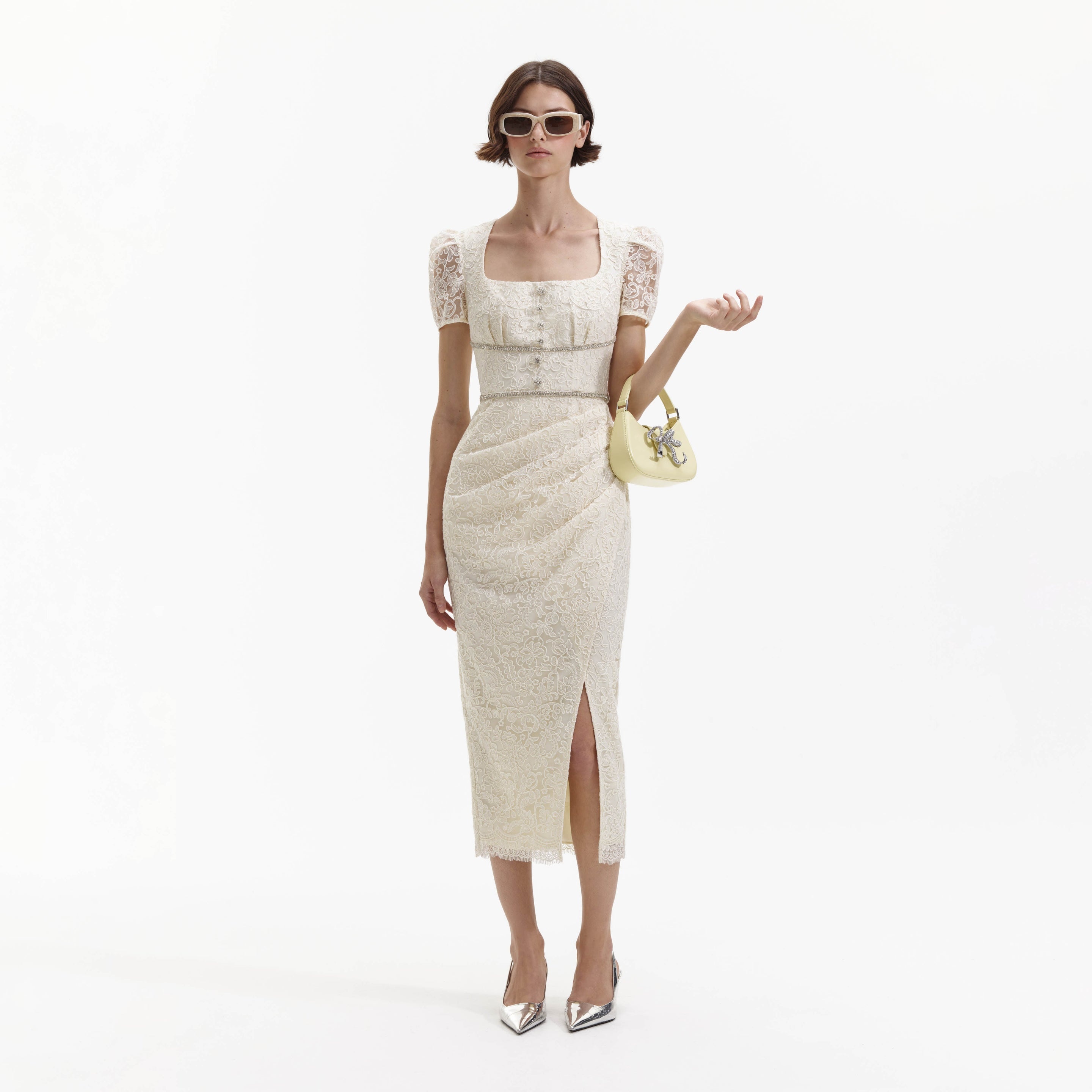 self portrait Cream Lace Diamante Midi Dress REVERSIBLE