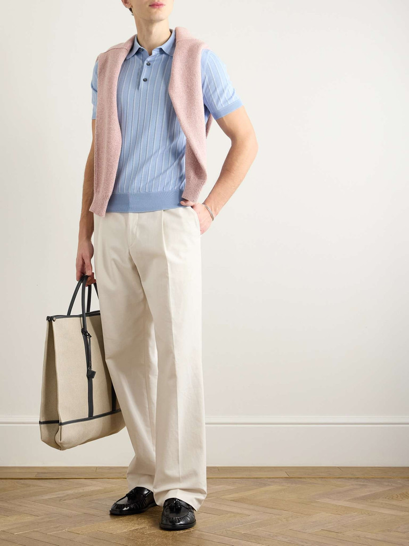 Brioni Slim-Fit Striped Pointelle-Knit Cotton, Silk and Linen-Blend Polo Shirt outlook