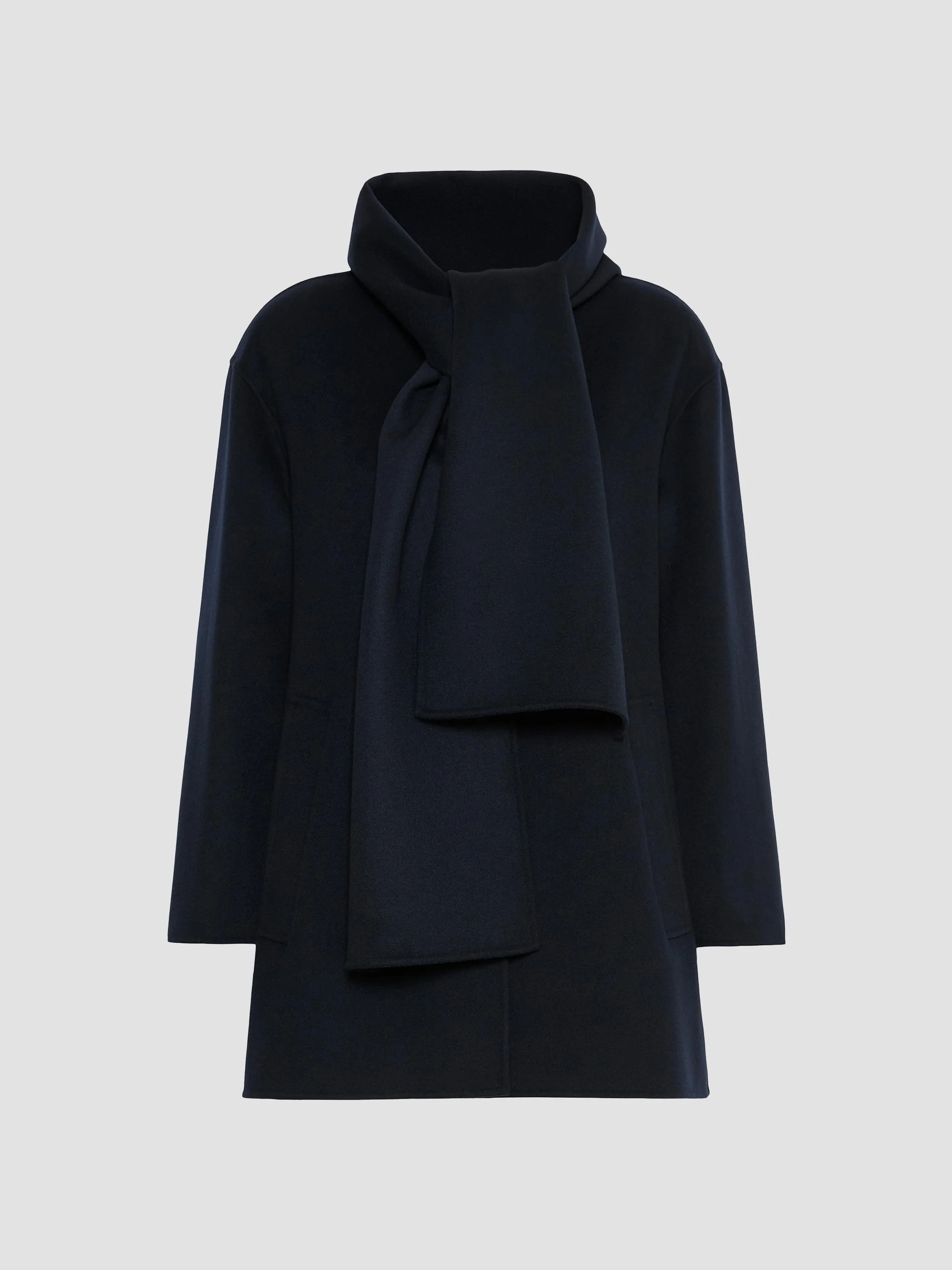 Women's Short Wool Coat with Scarf - Midnight Blue - 1