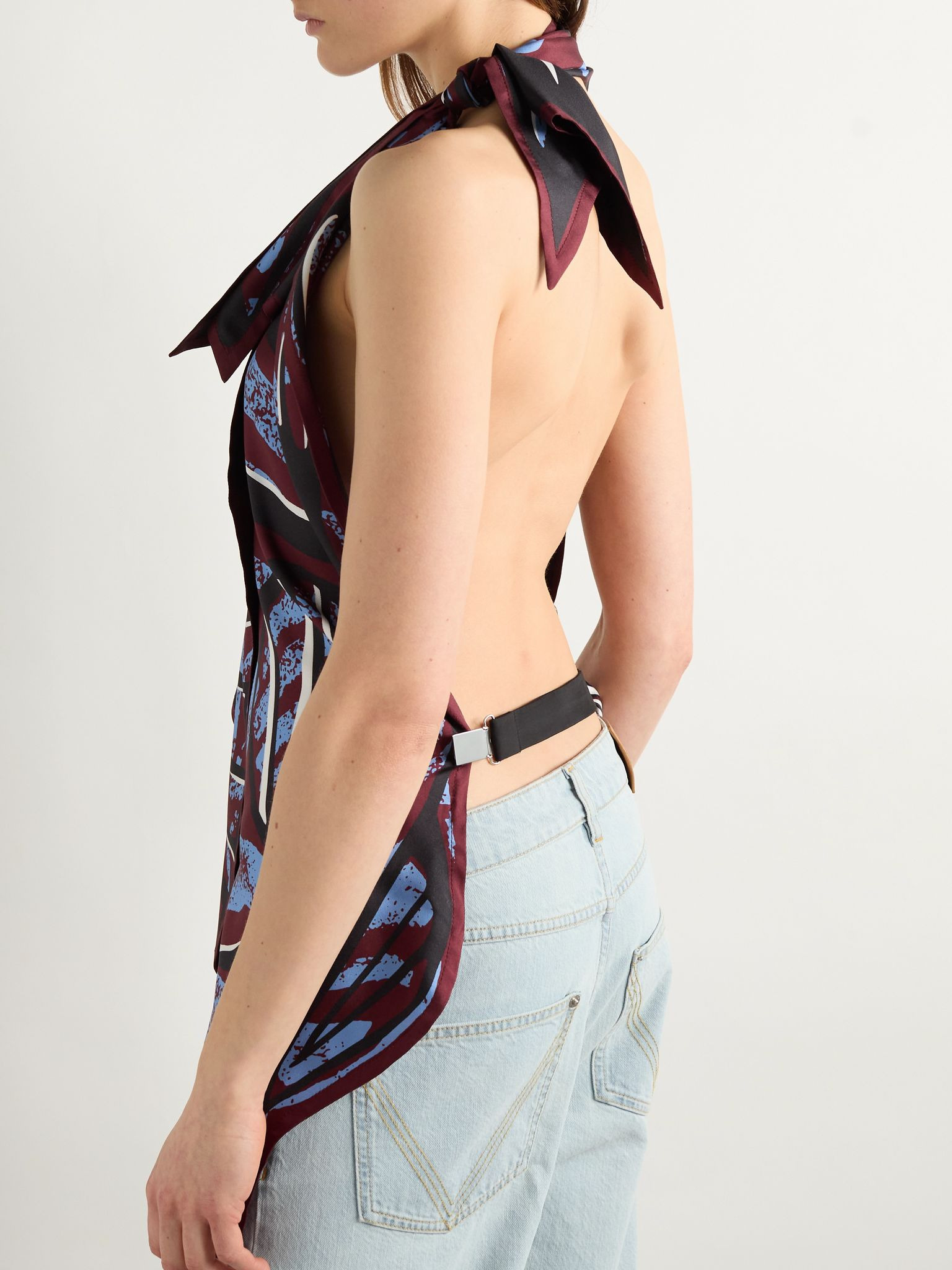 Open-back printed silk-twill halterneck top Plum - 3