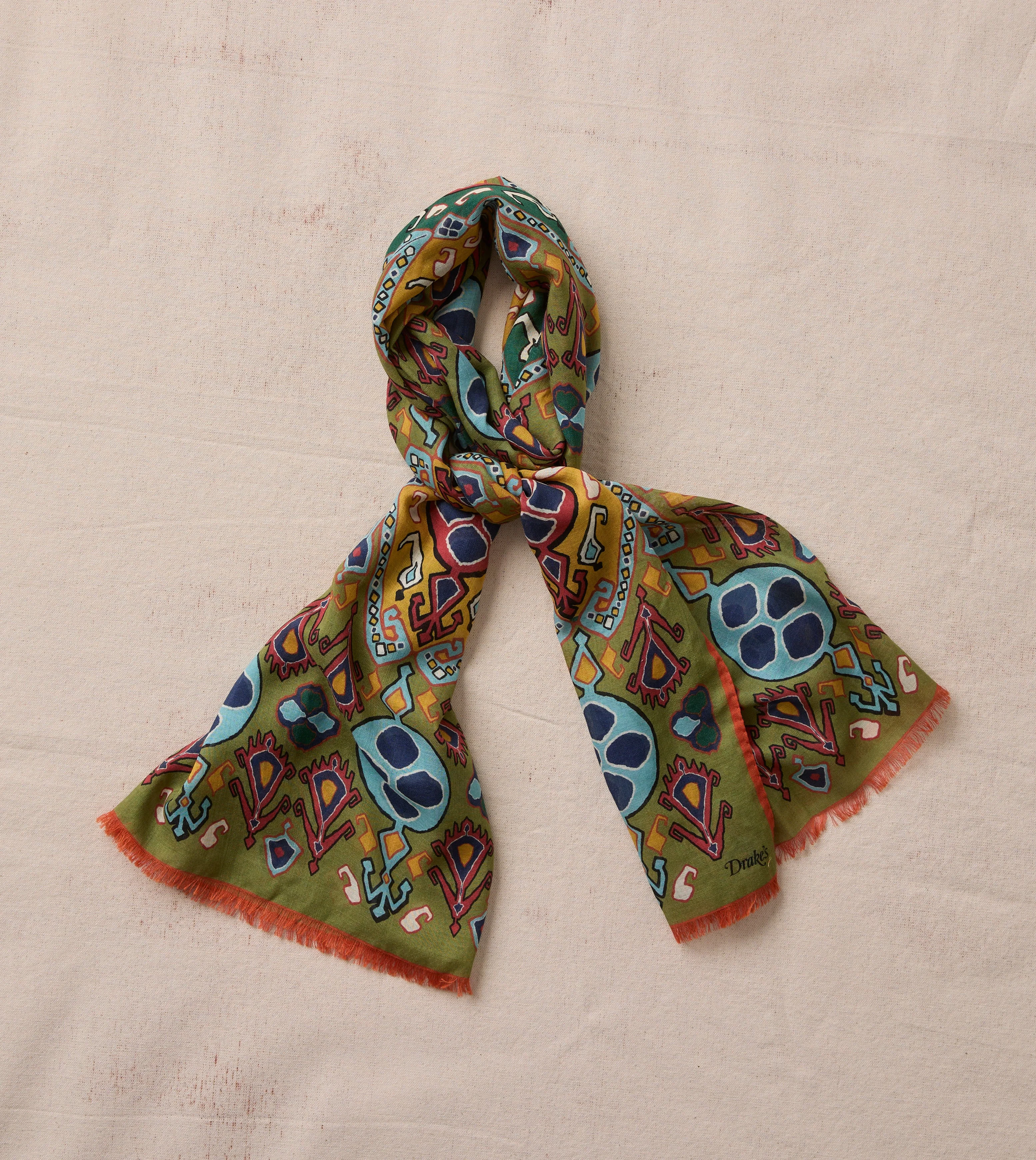Olive Tapestry Print Wool Silk Scarf - 1