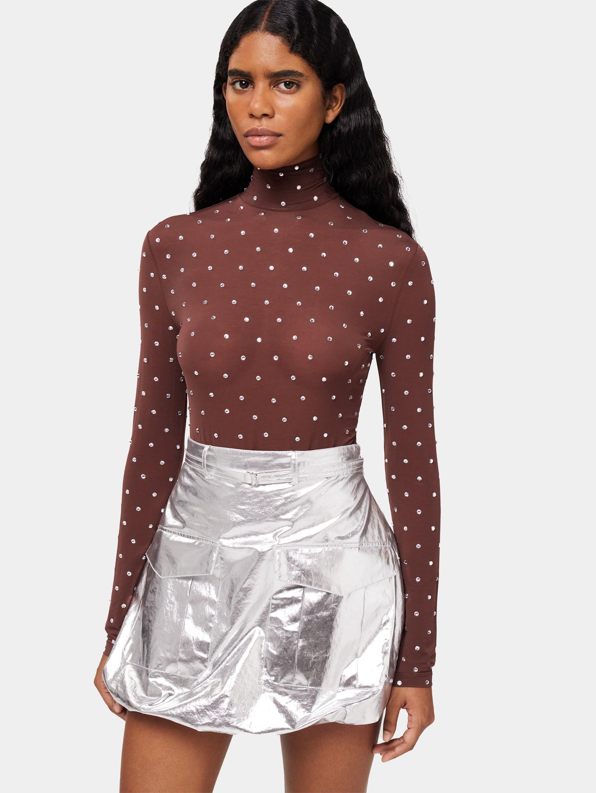 CRYSTALS-EMBELLISHED CHOCOLATE TURTLENECK TOP - 3