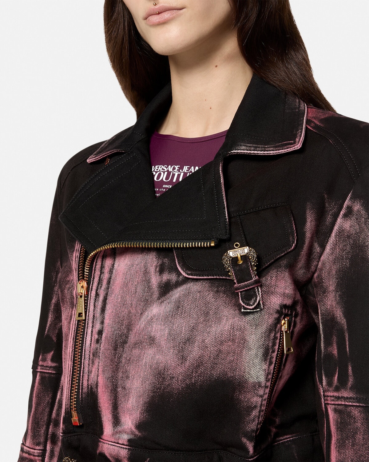 Baroque Buckle Denim Biker Jacket - 3