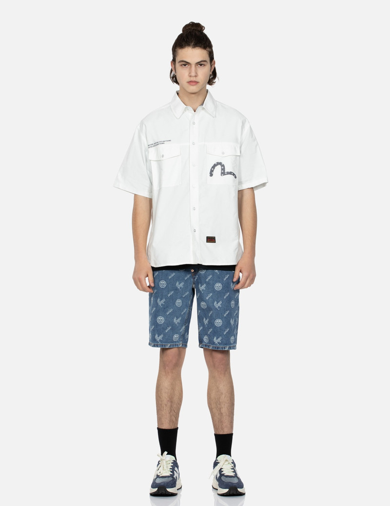 ALLOVER KAMON AND EAGLE PRINT DENIM SHORTS 6