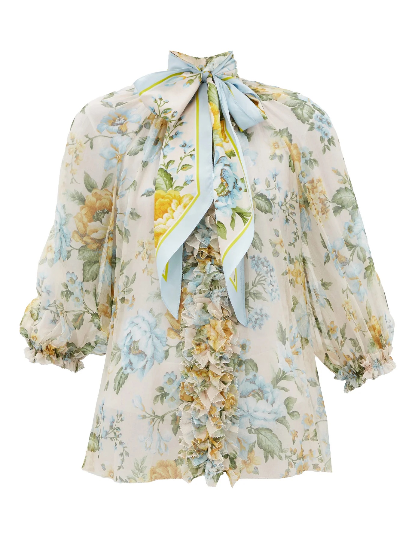 Lucky floral-print pussy-bow silk-crepe blouse - 1