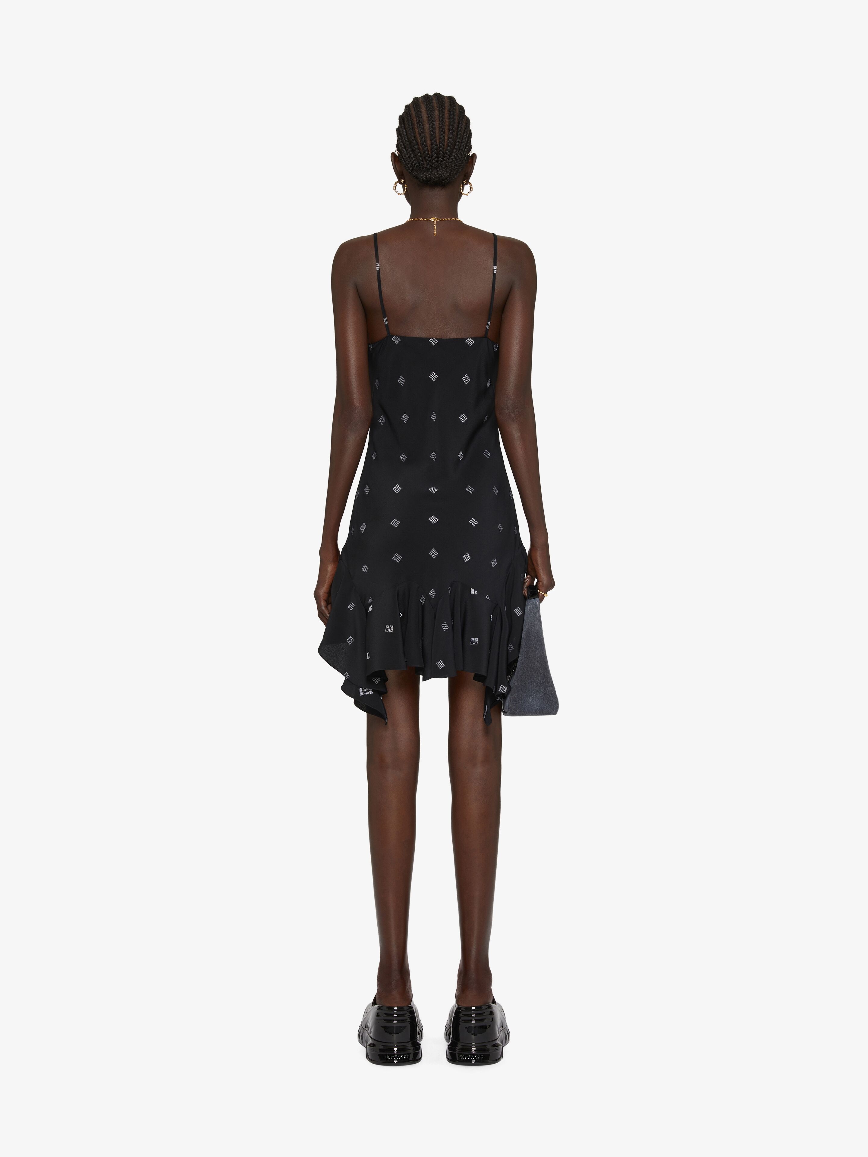 STRAPS DRESS IN 4G SILK WITH RUFFLES - 4
