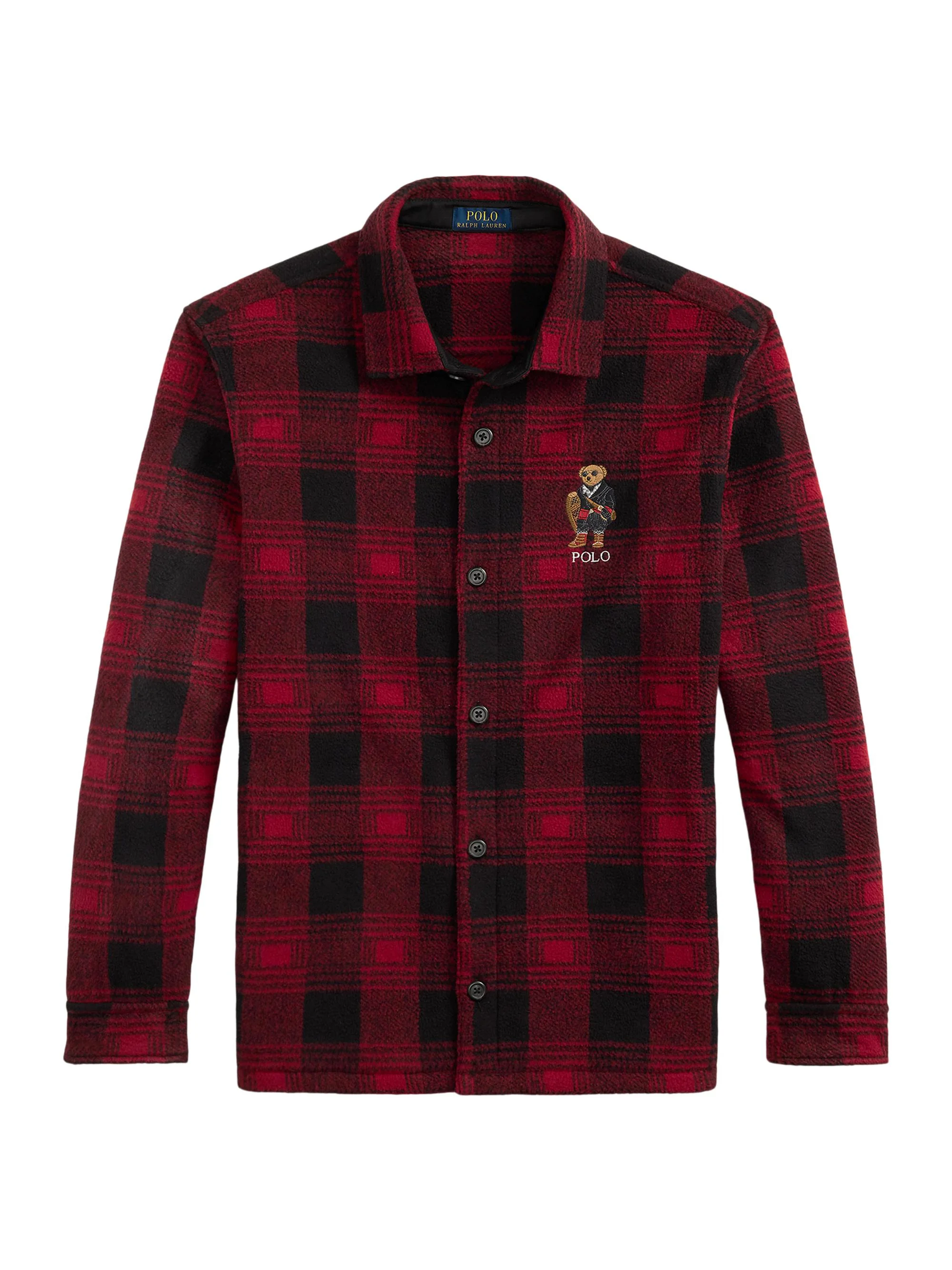 Men's Polo Bear Plaid Fleece Shirt Jacket - Red - 1